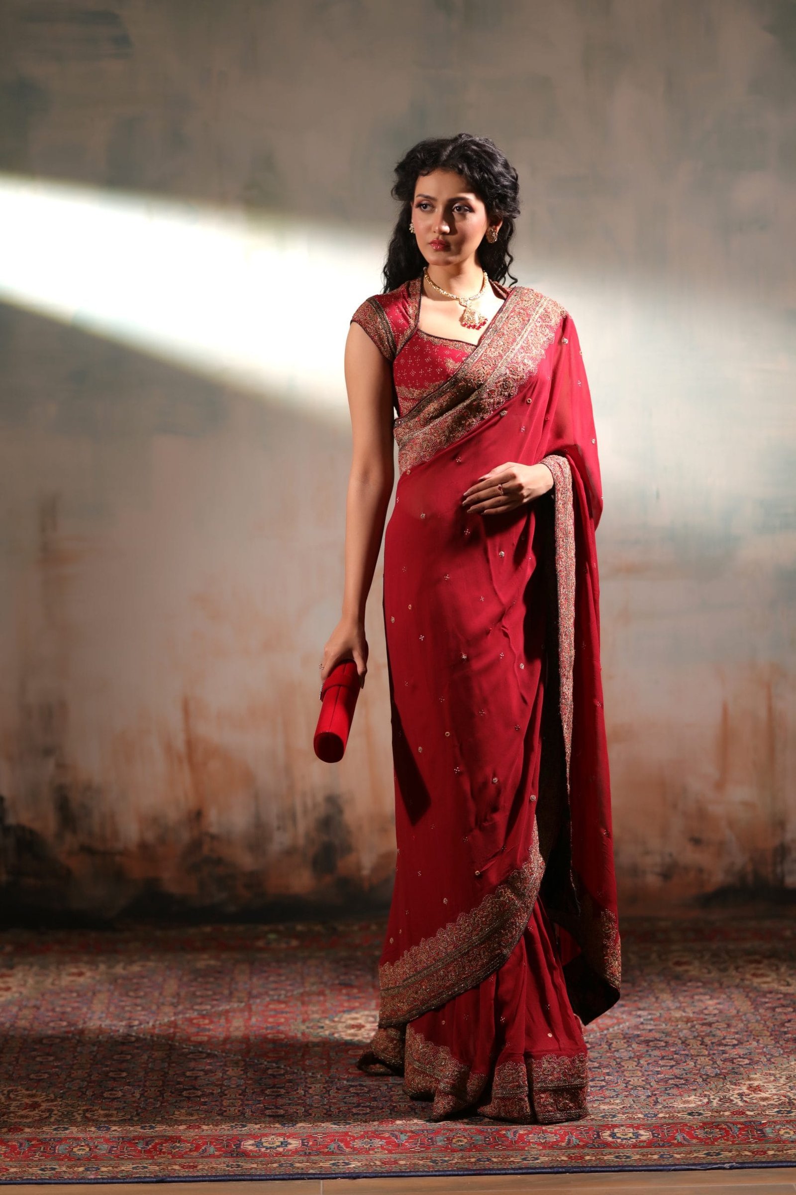 Classic Chiffon Hand Embroidered Mirror and Zardosi Work Saree - Image 5