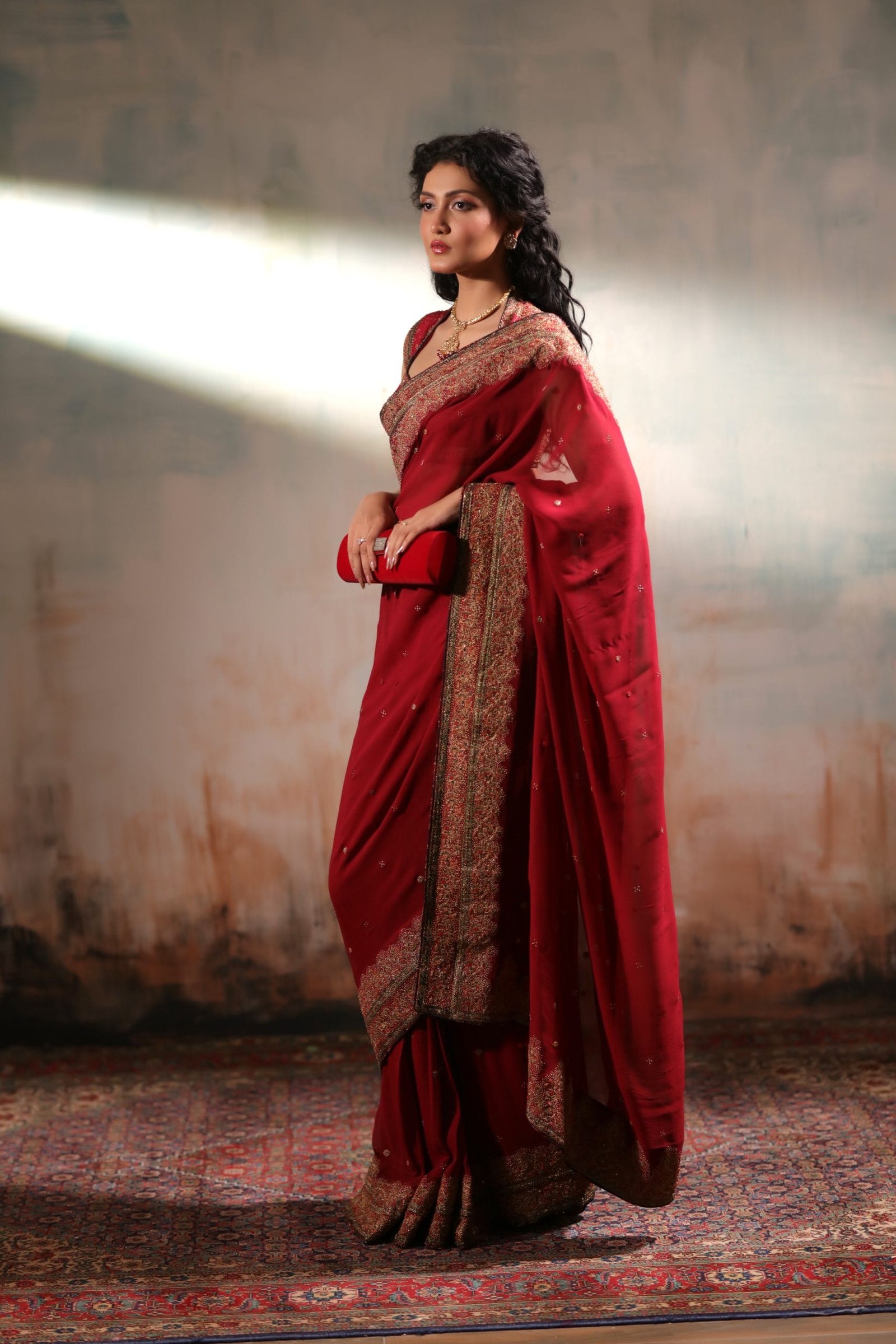 Classic Chiffon Hand Embroidered Mirror and Zardosi Work Saree - Image 4