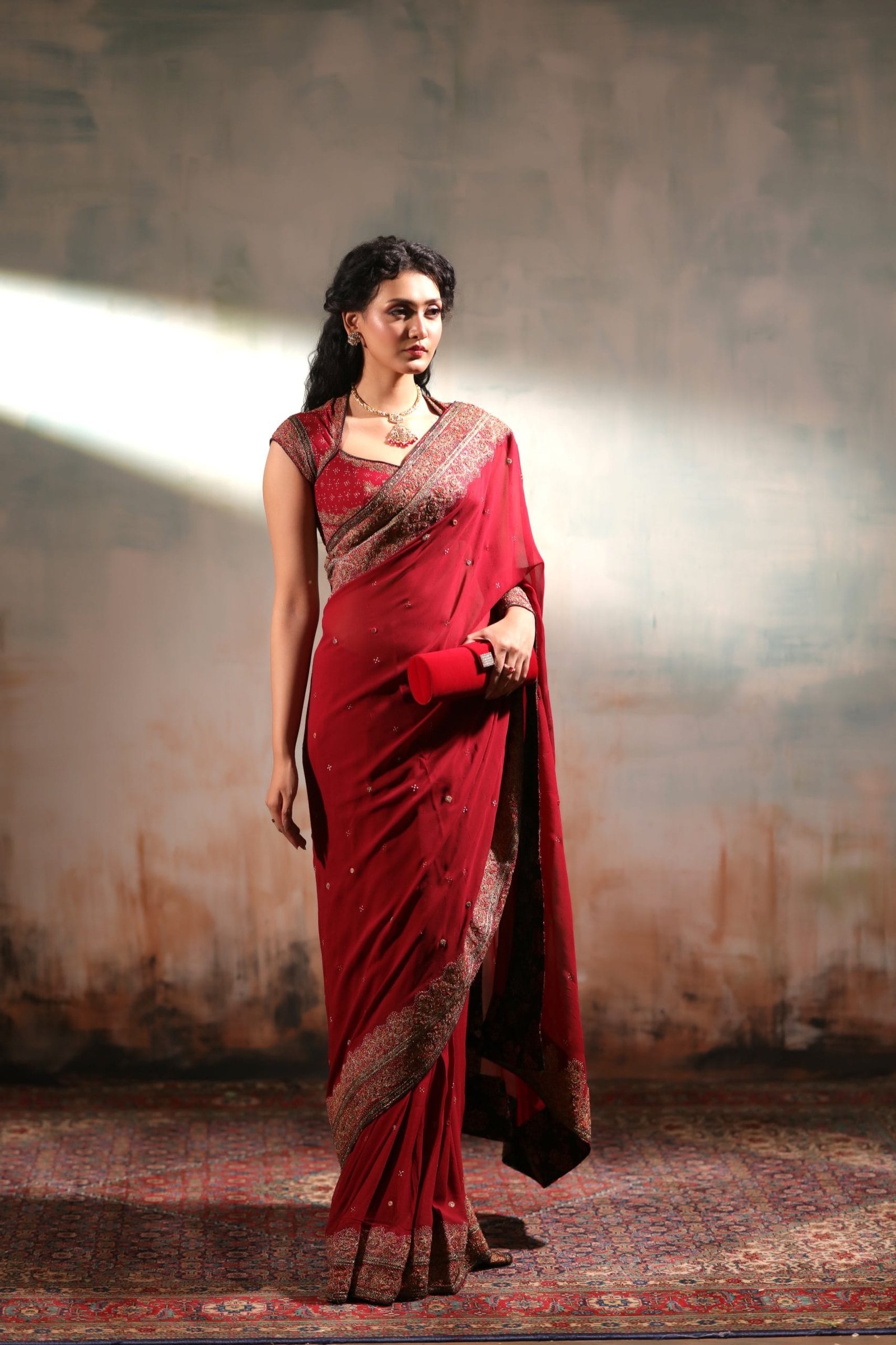 Classic Chiffon Hand Embroidered Mirror and Zardosi Work Saree - Image 3