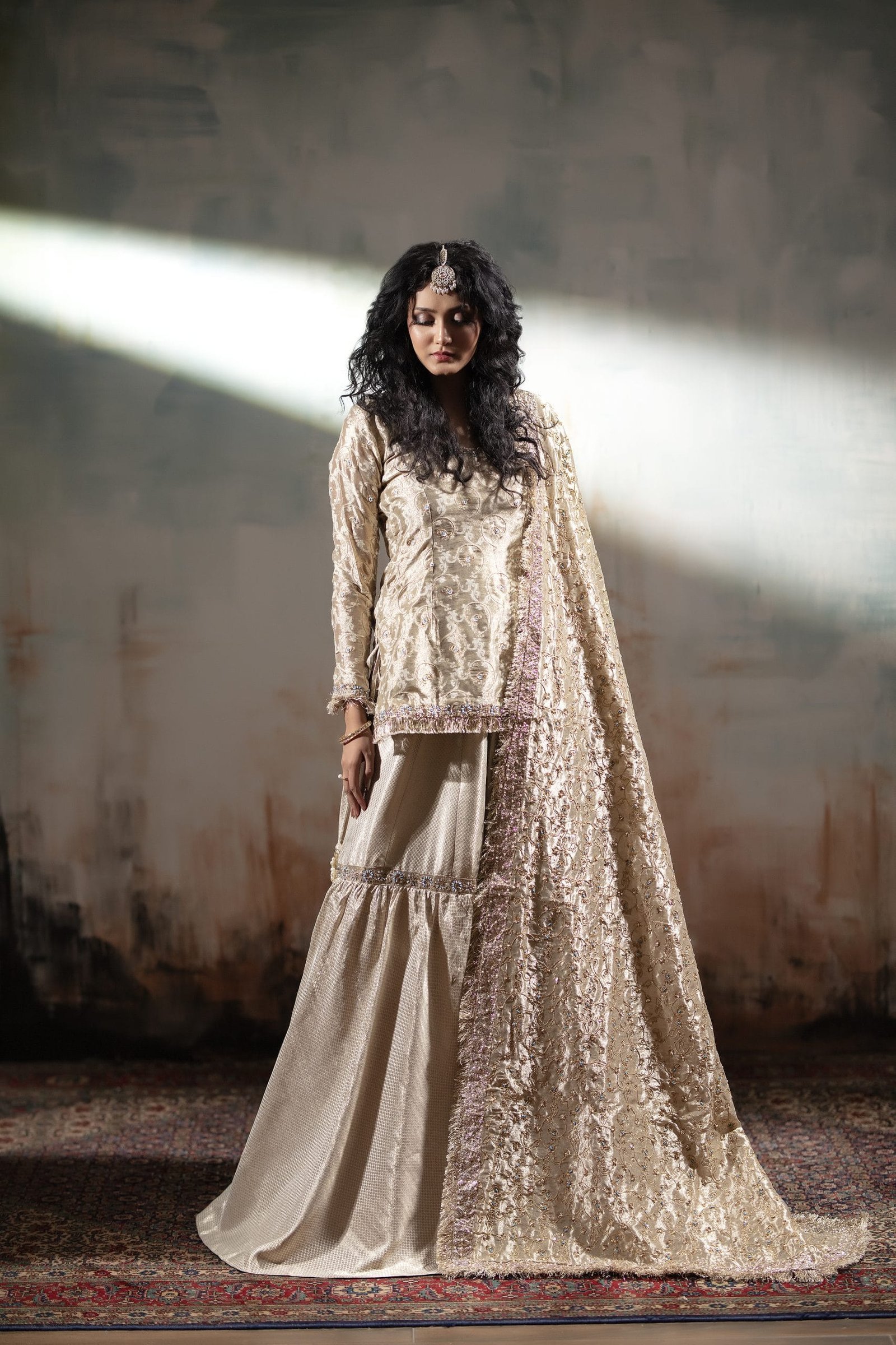 Mughal Embroidered Gharara with Jaal Dupatta - Image 10