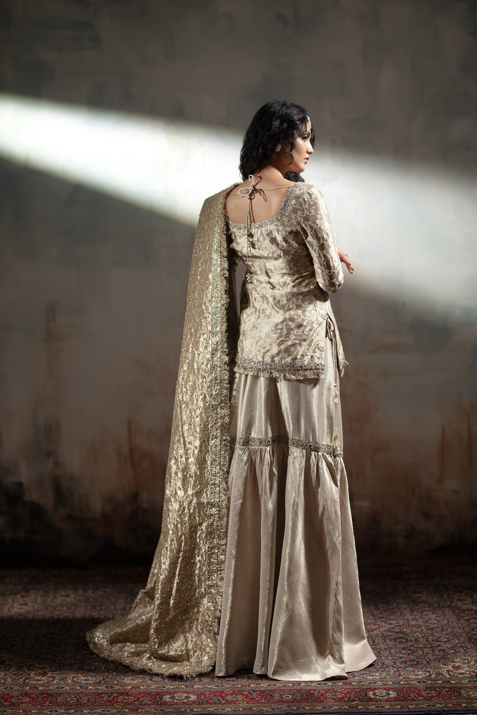 Mughal Embroidered Gharara with Jaal Dupatta - Image 3