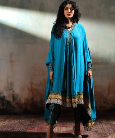 Navy Blue with Green Trims Long Kaftan Shirt