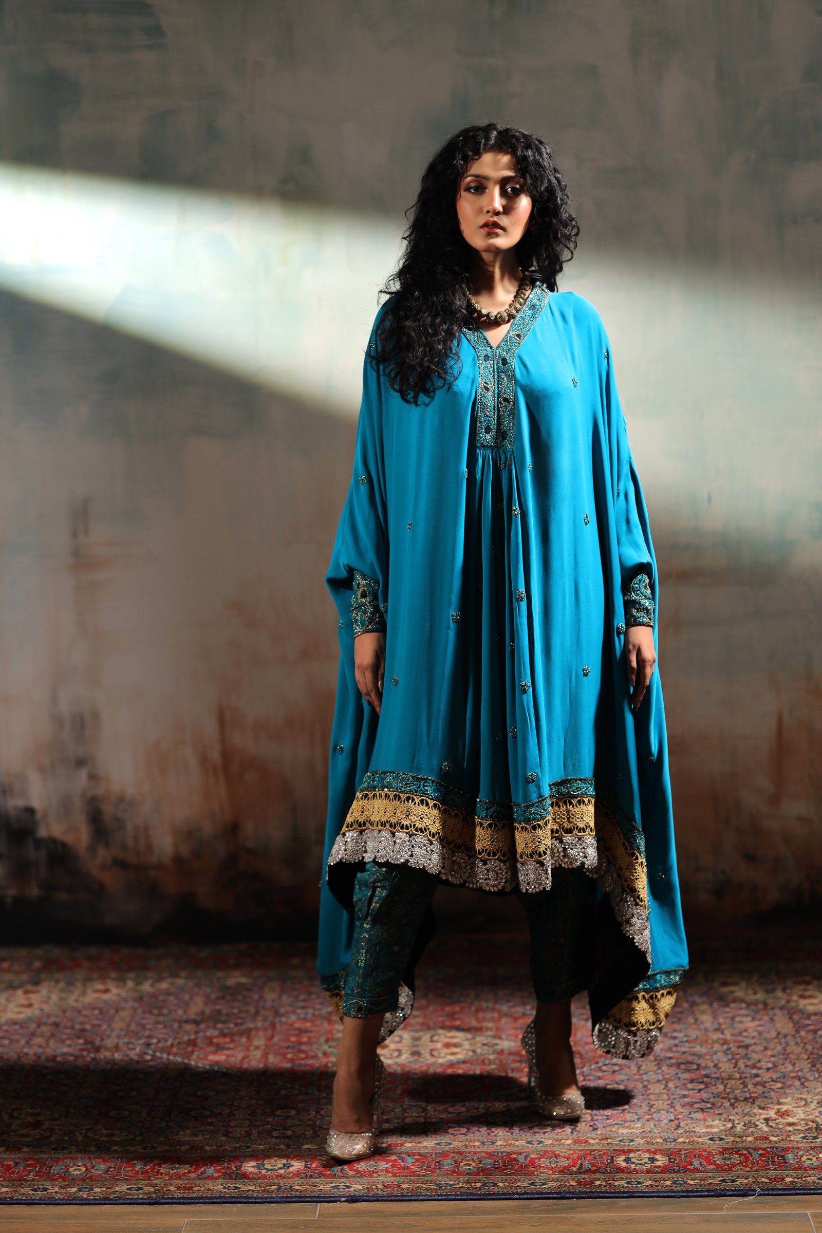 Navy Blue with Green Trims Long Kaftan Shirt