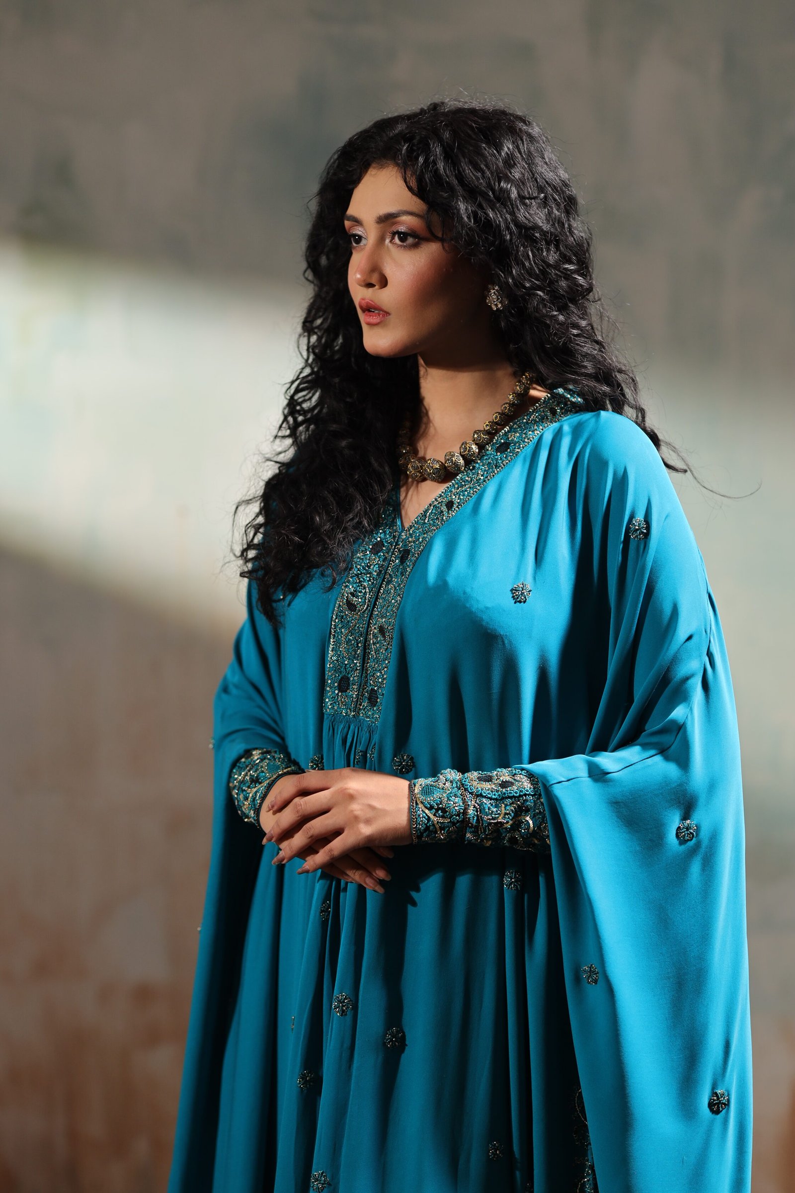 Navy Blue with Green Trims Long Kaftan Shirt - Image 8