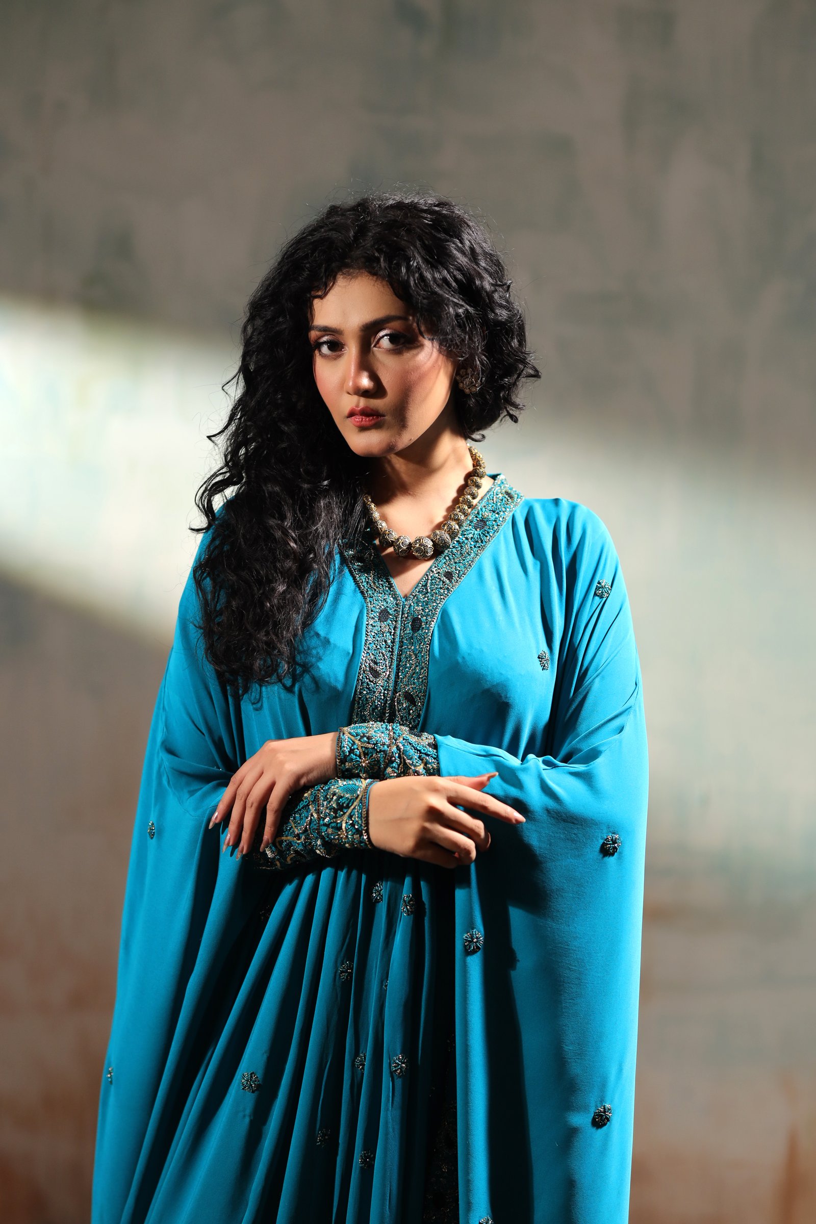 Navy Blue with Green Trims Long Kaftan Shirt - Image 7