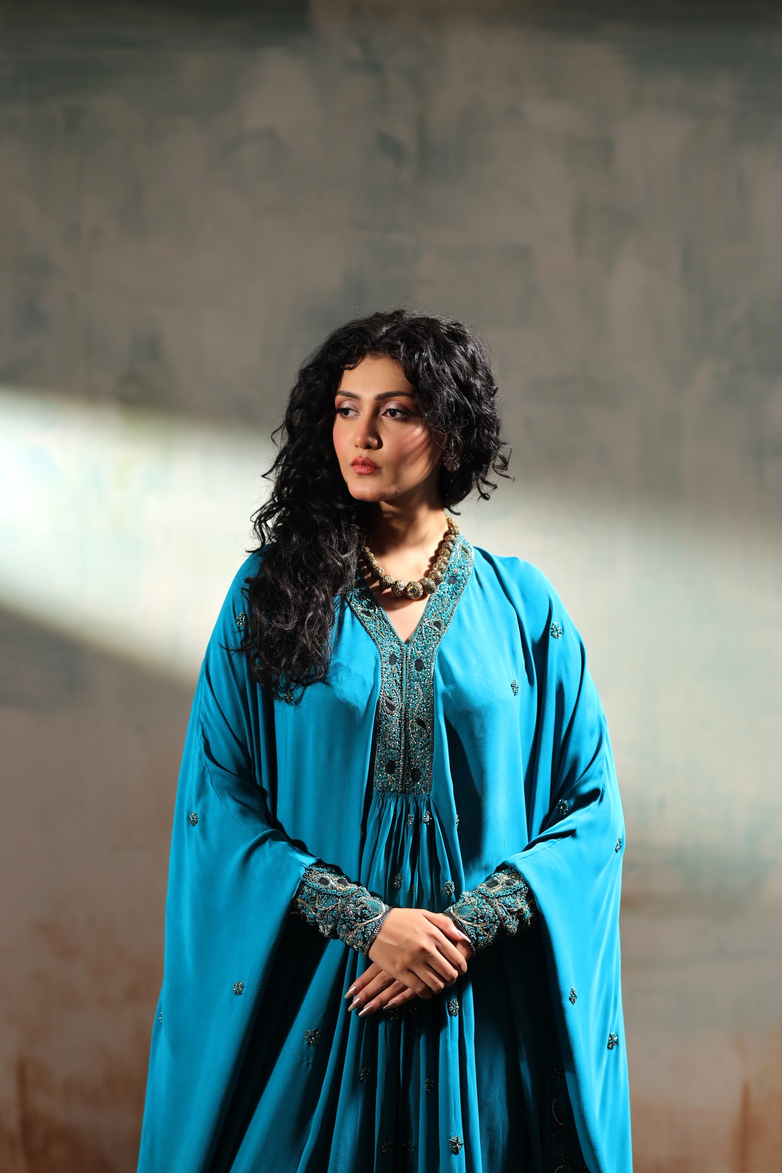 Navy Blue with Green Trims Long Kaftan Shirt - Image 5