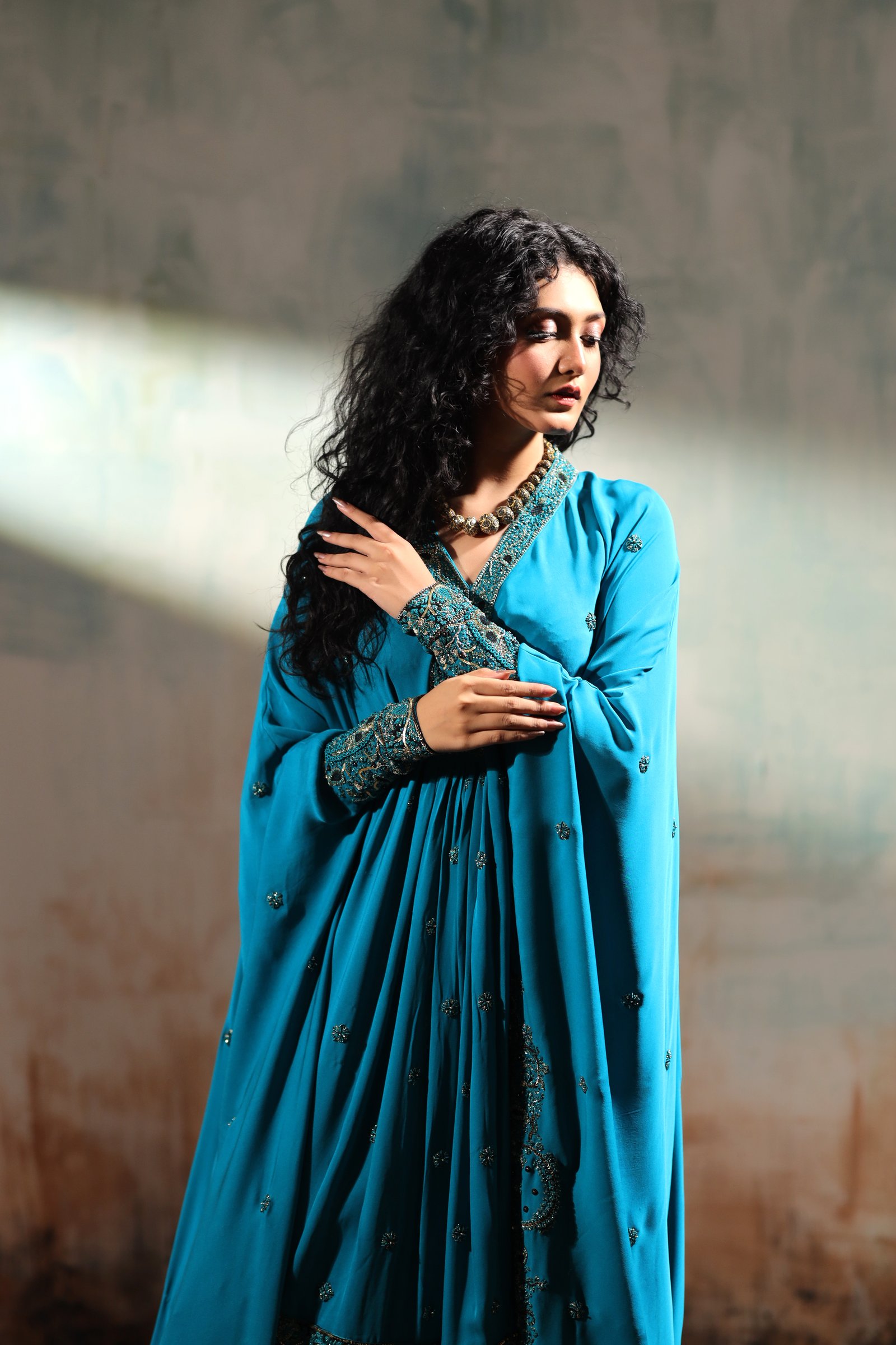 Navy Blue with Green Trims Long Kaftan Shirt - Image 4
