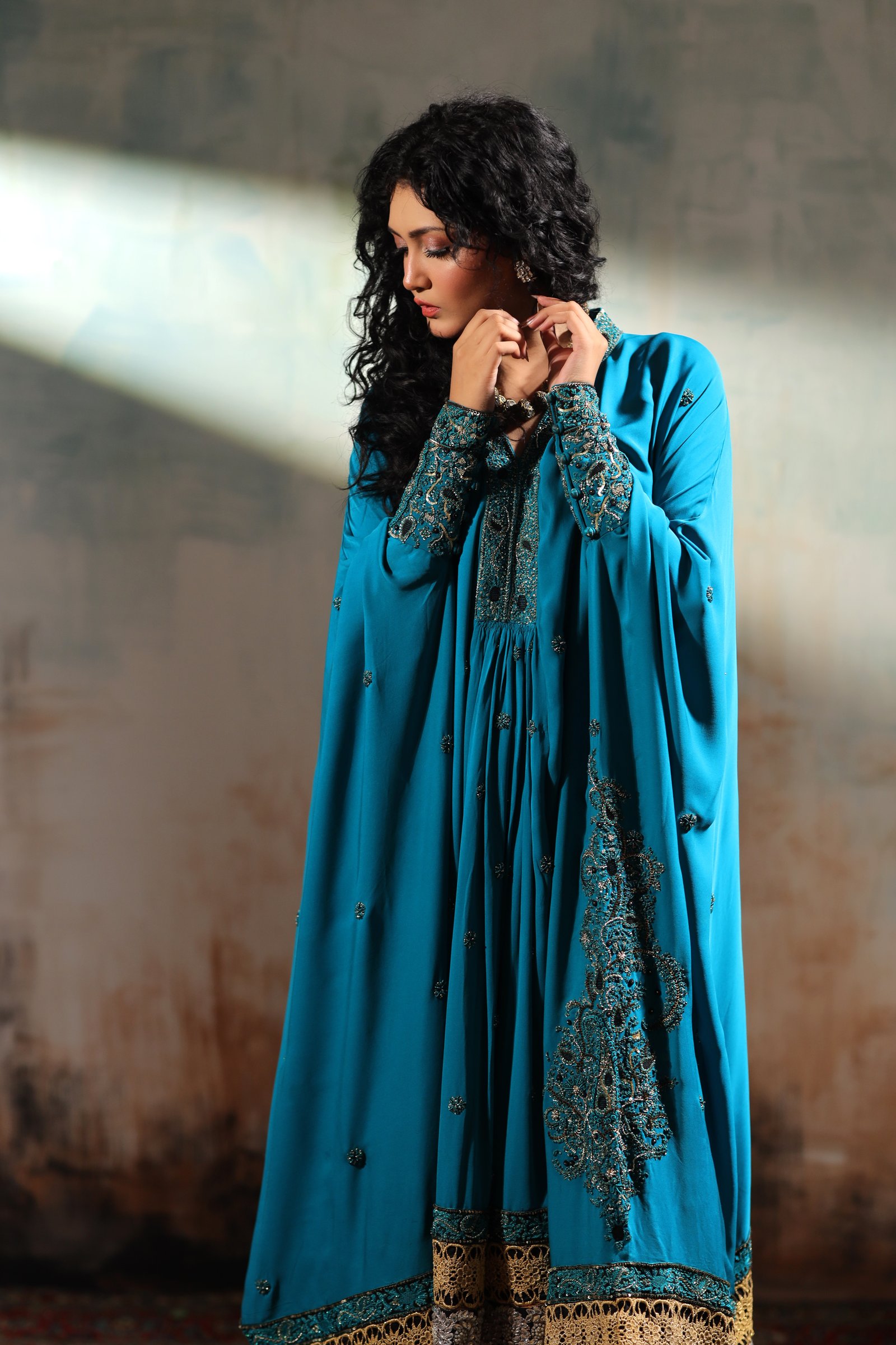 Navy Blue with Green Trims Long Kaftan Shirt - Image 2